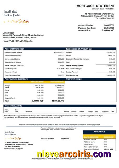 Jordan Bank of Jordan mortgage statement Word and PDF template